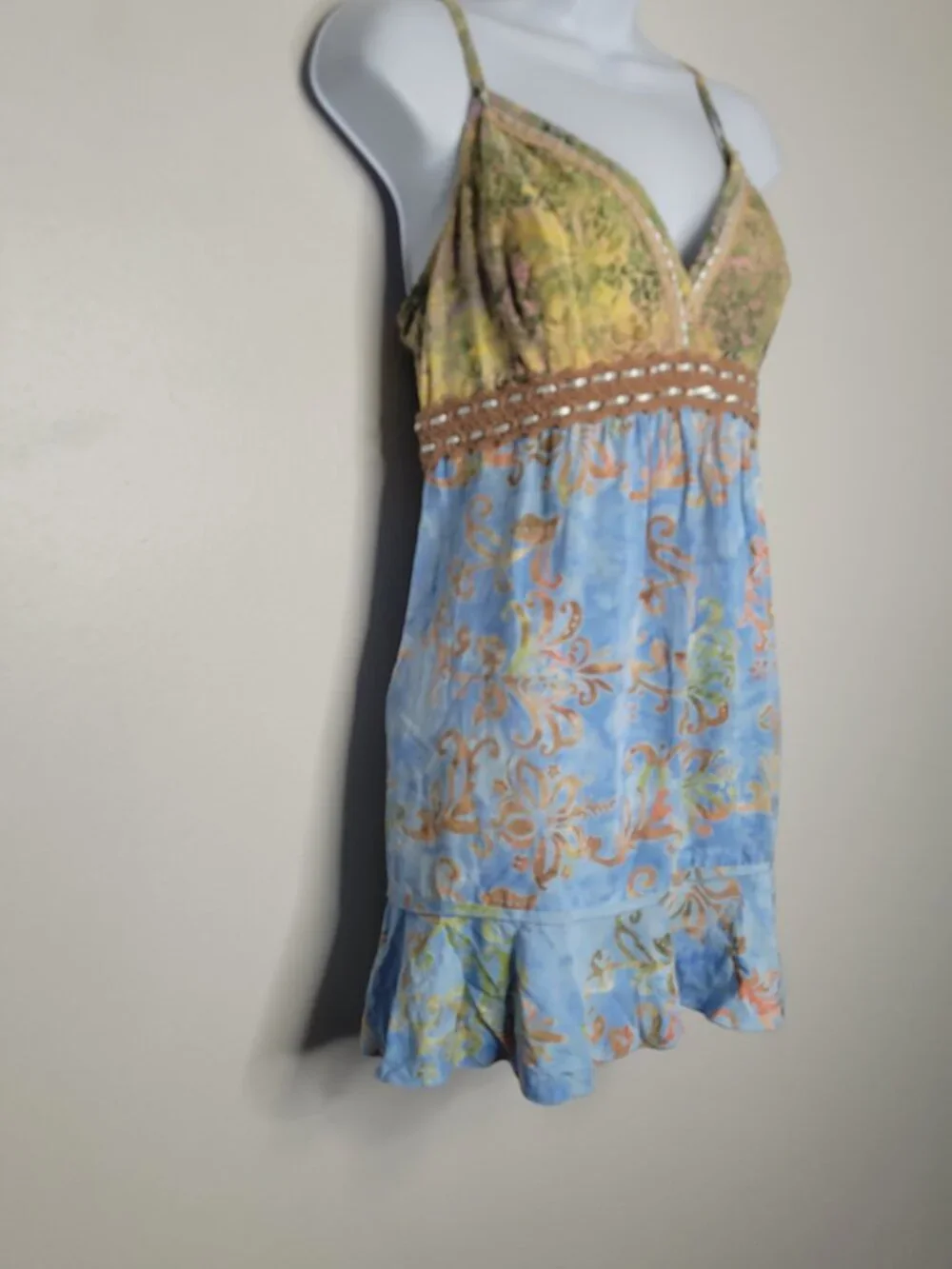 Tan blue mixed print artsy boho babydoll vacation mini dress
